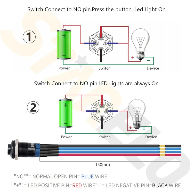 STARELO 5pcs 12mm Momentary led Push Button Switch Black Shell with pre-Wiring, IP65 Waterproof Push Button Switch,1NO 1 Normally,Self-resetting with LED(Blue). - Image 3